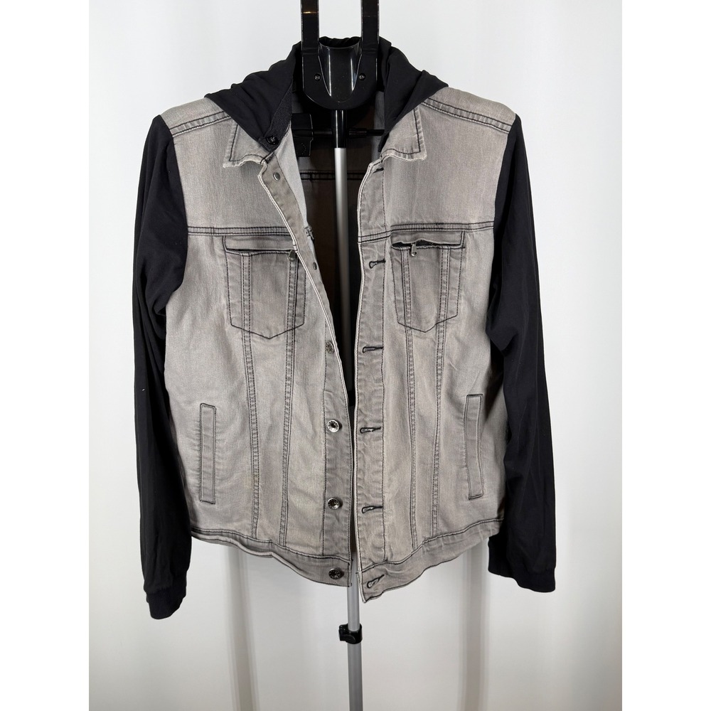 RUDE Mens Grey Denim Jacket Black Hooded Jersey Sleeves Streetwear Size M